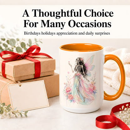 #pl[15oz|Orange] Skeleton Fairy Ceramic Mug, Pastel Floral Gothic Fantasy Artwork