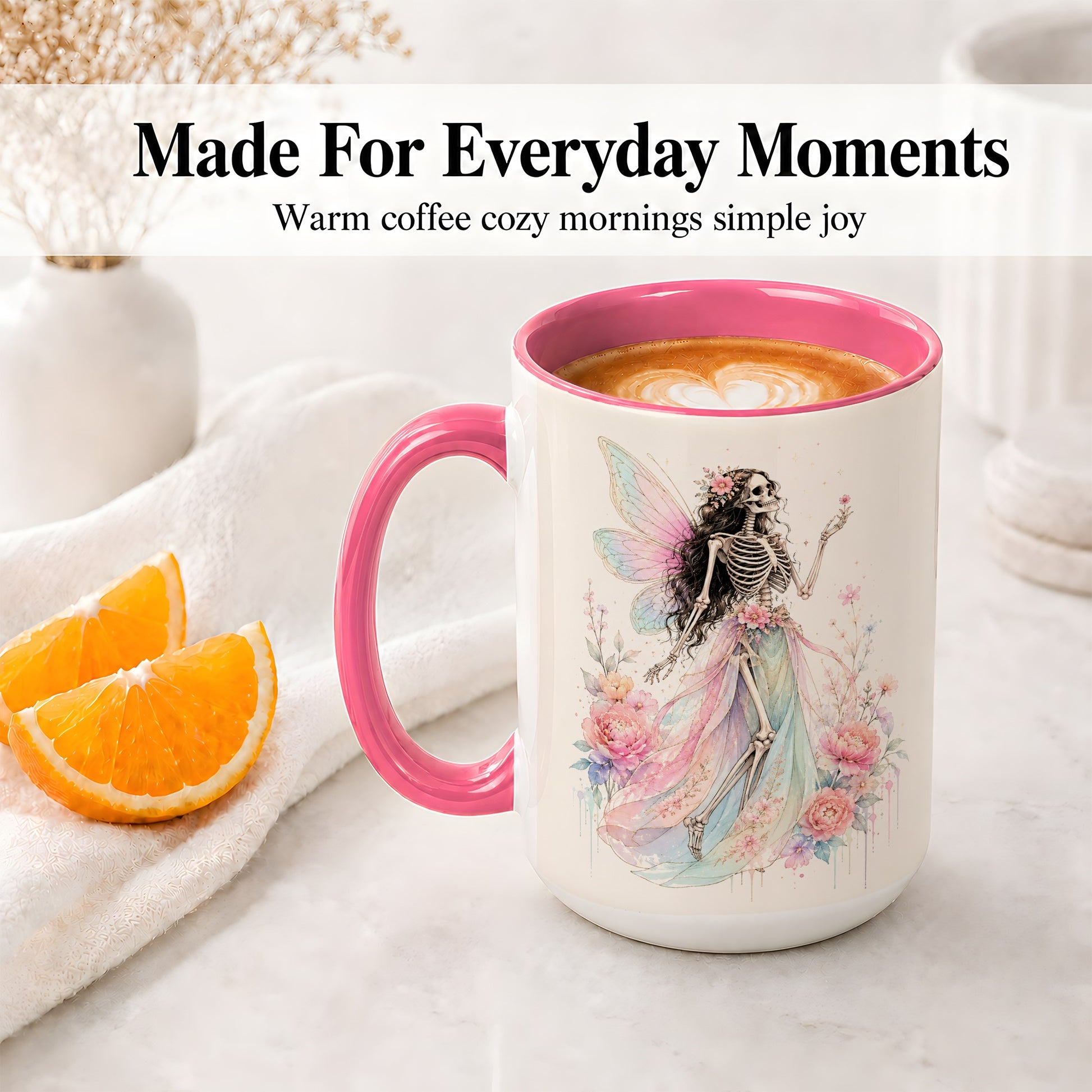 #pl[15oz|Pink] Skeleton Fairy Ceramic Mug, Pastel Floral Gothic Fantasy Artwork