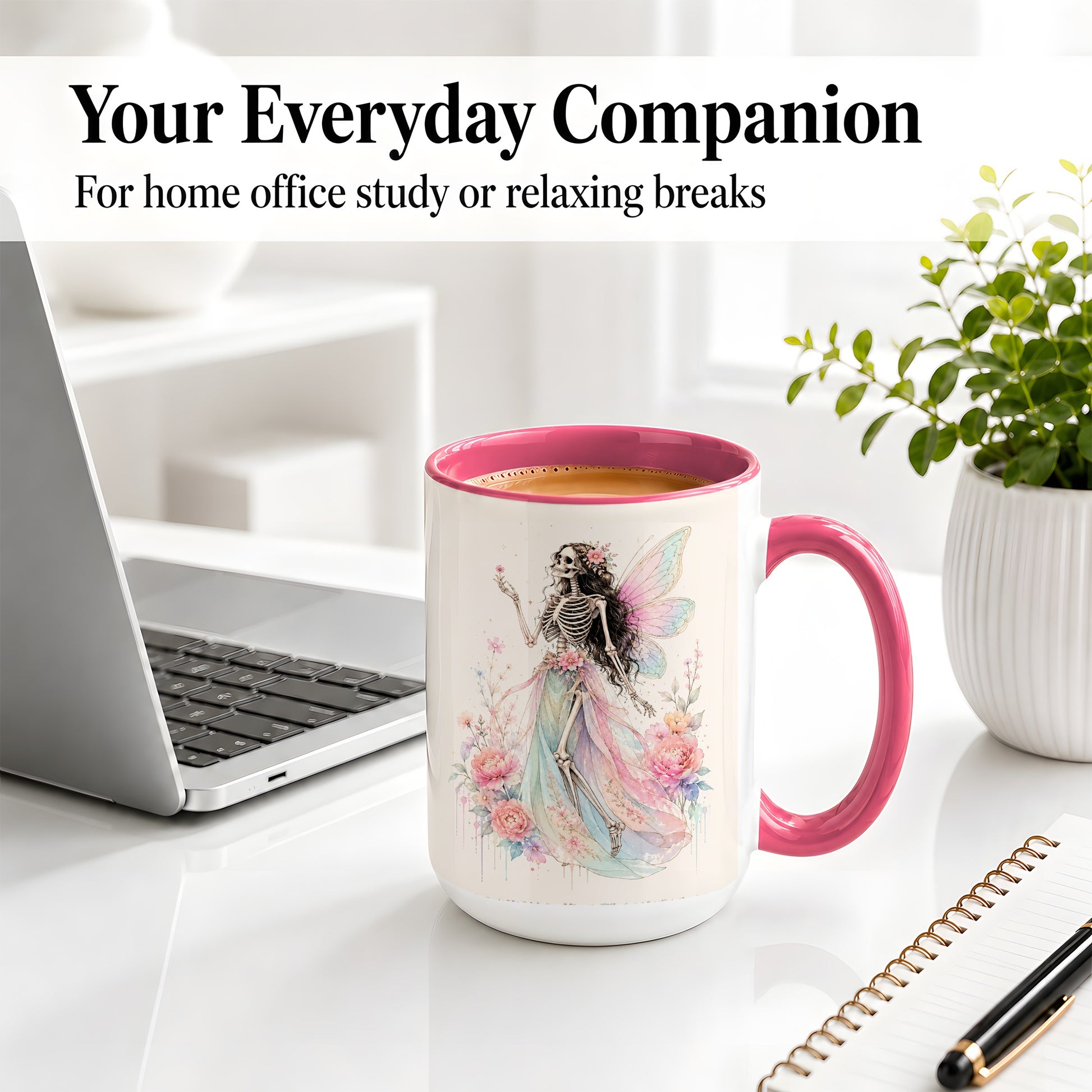 #pl[15oz|Pink] Skeleton Fairy Ceramic Mug, Pastel Floral Gothic Fantasy Artwork