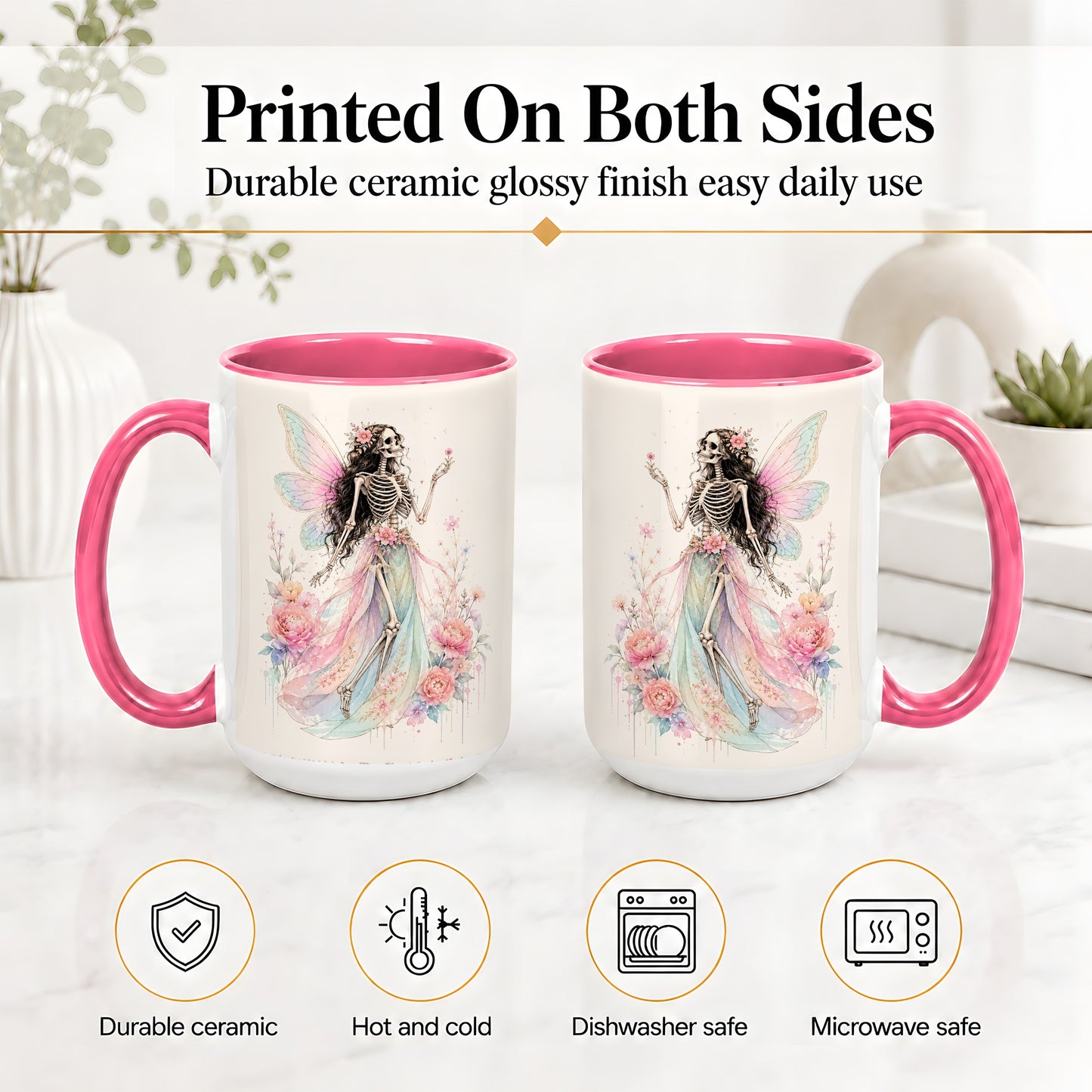 #pl[15oz|Pink] Skeleton Fairy Ceramic Mug, Pastel Floral Gothic Fantasy Artwork