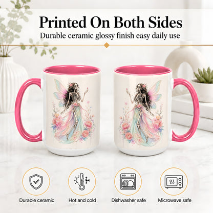 #pl[15oz|Pink] Skeleton Fairy Ceramic Mug, Pastel Floral Gothic Fantasy Artwork