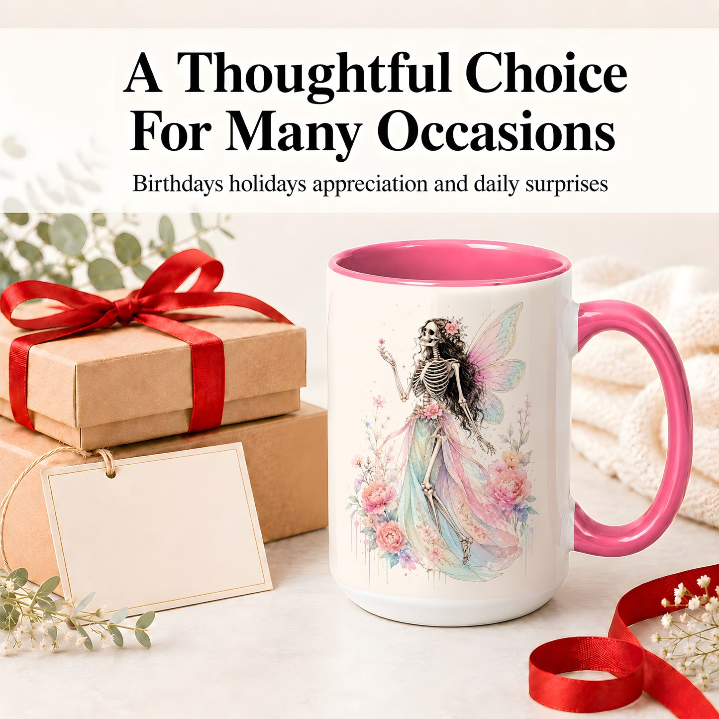 #pl[15oz|Pink] Skeleton Fairy Ceramic Mug, Pastel Floral Gothic Fantasy Artwork