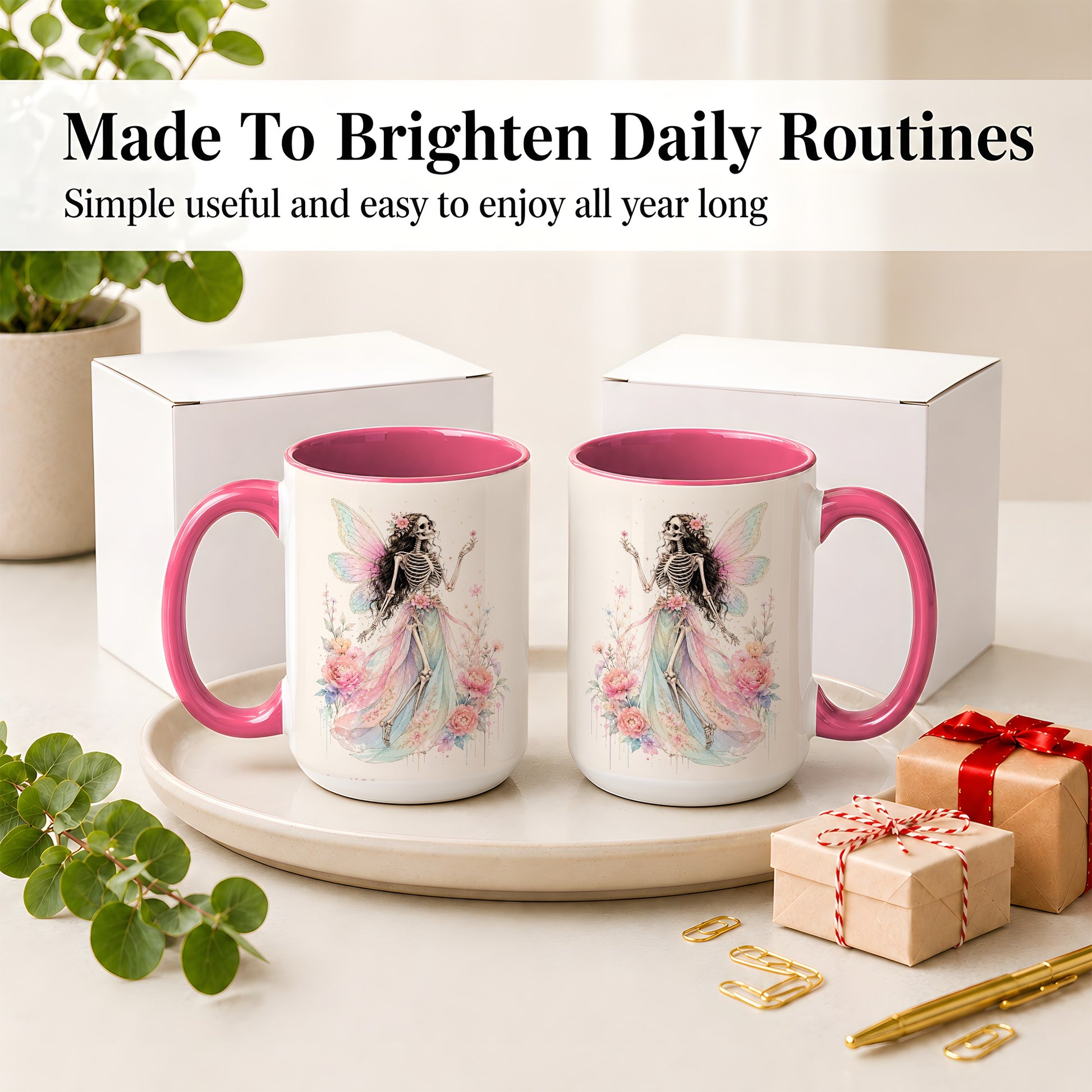 #pl[15oz|Pink] Skeleton Fairy Ceramic Mug, Pastel Floral Gothic Fantasy Artwork