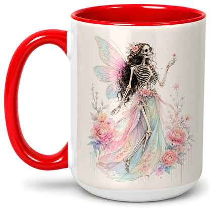 #pl[15oz|Red] Skeleton Fairy Ceramic Mug, Pastel Floral Gothic Fantasy Artwork