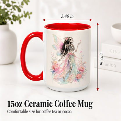 #pl[15oz|Red] Skeleton Fairy Ceramic Mug, Pastel Floral Gothic Fantasy Artwork