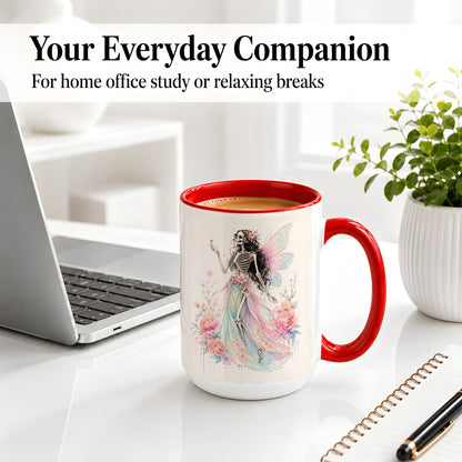 #pl[15oz|Red] Skeleton Fairy Ceramic Mug, Pastel Floral Gothic Fantasy Artwork