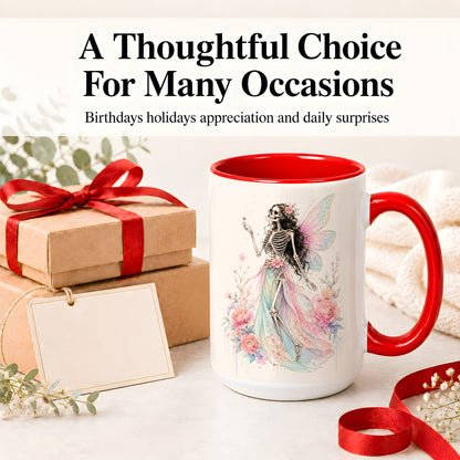 #pl[15oz|Red] Skeleton Fairy Ceramic Mug, Pastel Floral Gothic Fantasy Artwork