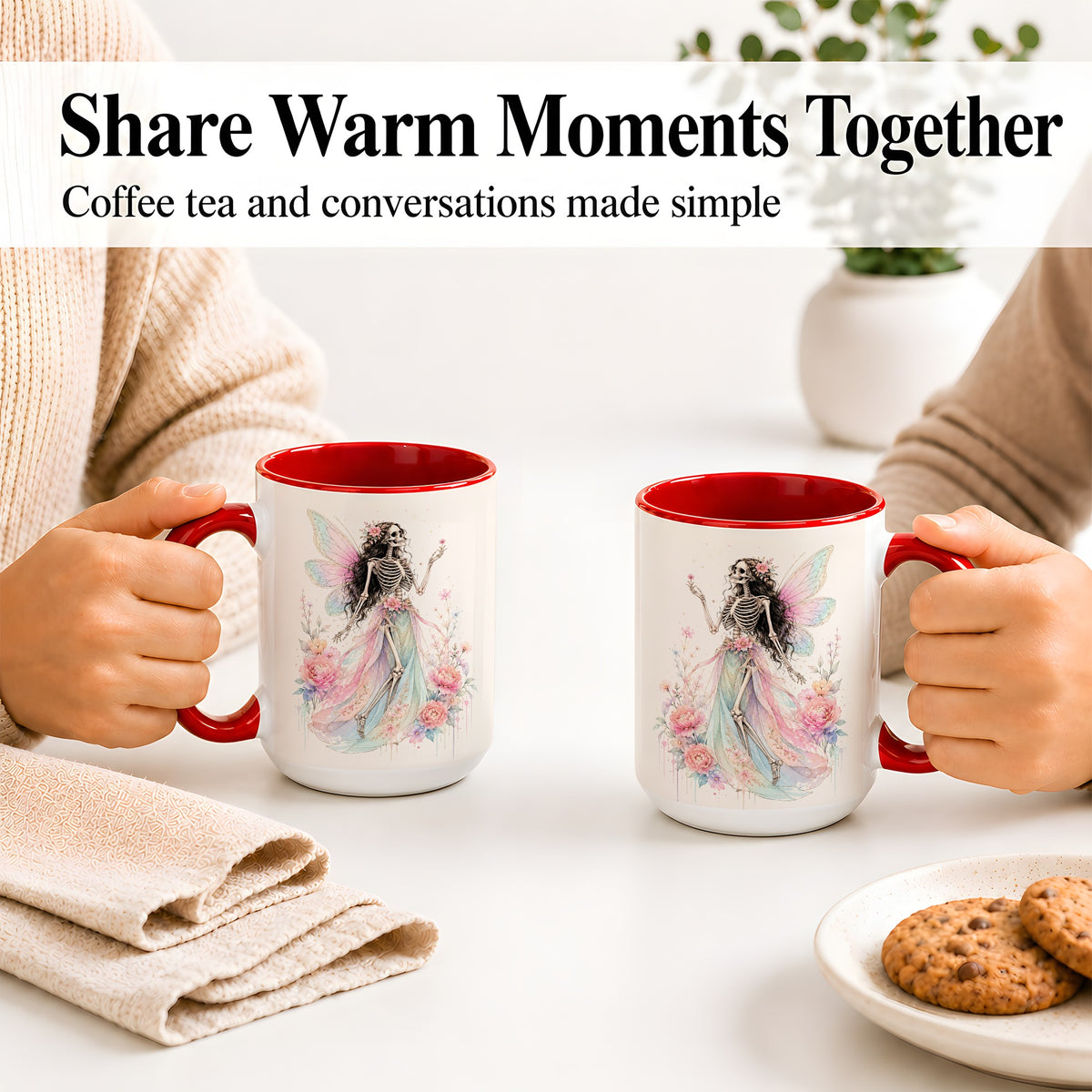 #pl[15oz|Red] Skeleton Fairy Ceramic Mug, Pastel Floral Gothic Fantasy Artwork