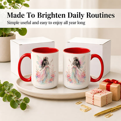 #pl[15oz|Red] Skeleton Fairy Ceramic Mug, Pastel Floral Gothic Fantasy Artwork