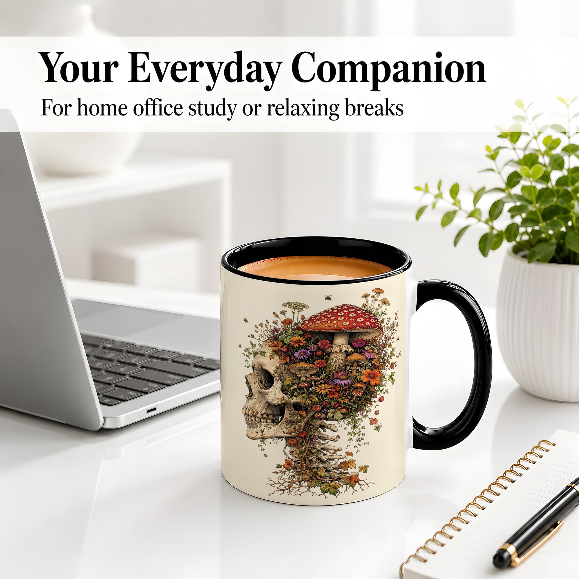 #pl[11oz|Black] Mushroom Skull Ceramic Mug, Botanical Wildflower Autumn Artwork