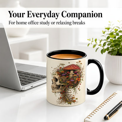 #pl[11oz|Black] Mushroom Skull Ceramic Mug, Botanical Wildflower Autumn Artwork