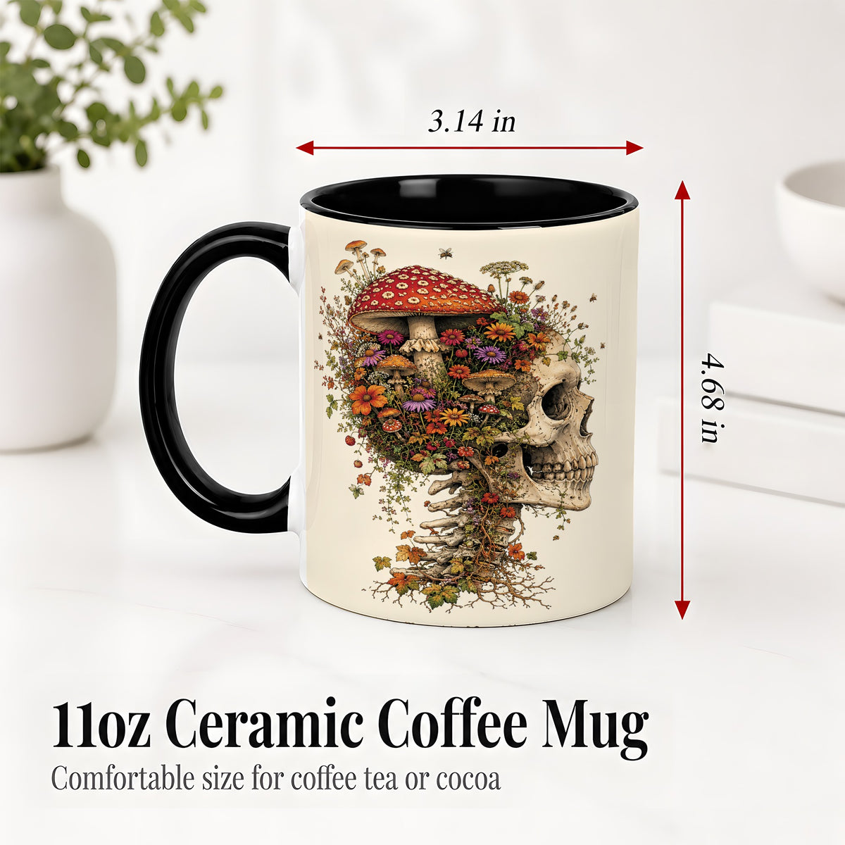 #pl[11oz|Black] Mushroom Skull Ceramic Mug, Botanical Wildflower Autumn Artwork