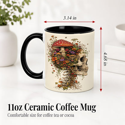 #pl[11oz|Black] Mushroom Skull Ceramic Mug, Botanical Wildflower Autumn Artwork