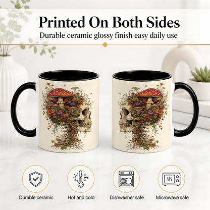 #pl[11oz|Black] Mushroom Skull Ceramic Mug, Botanical Wildflower Autumn Artwork