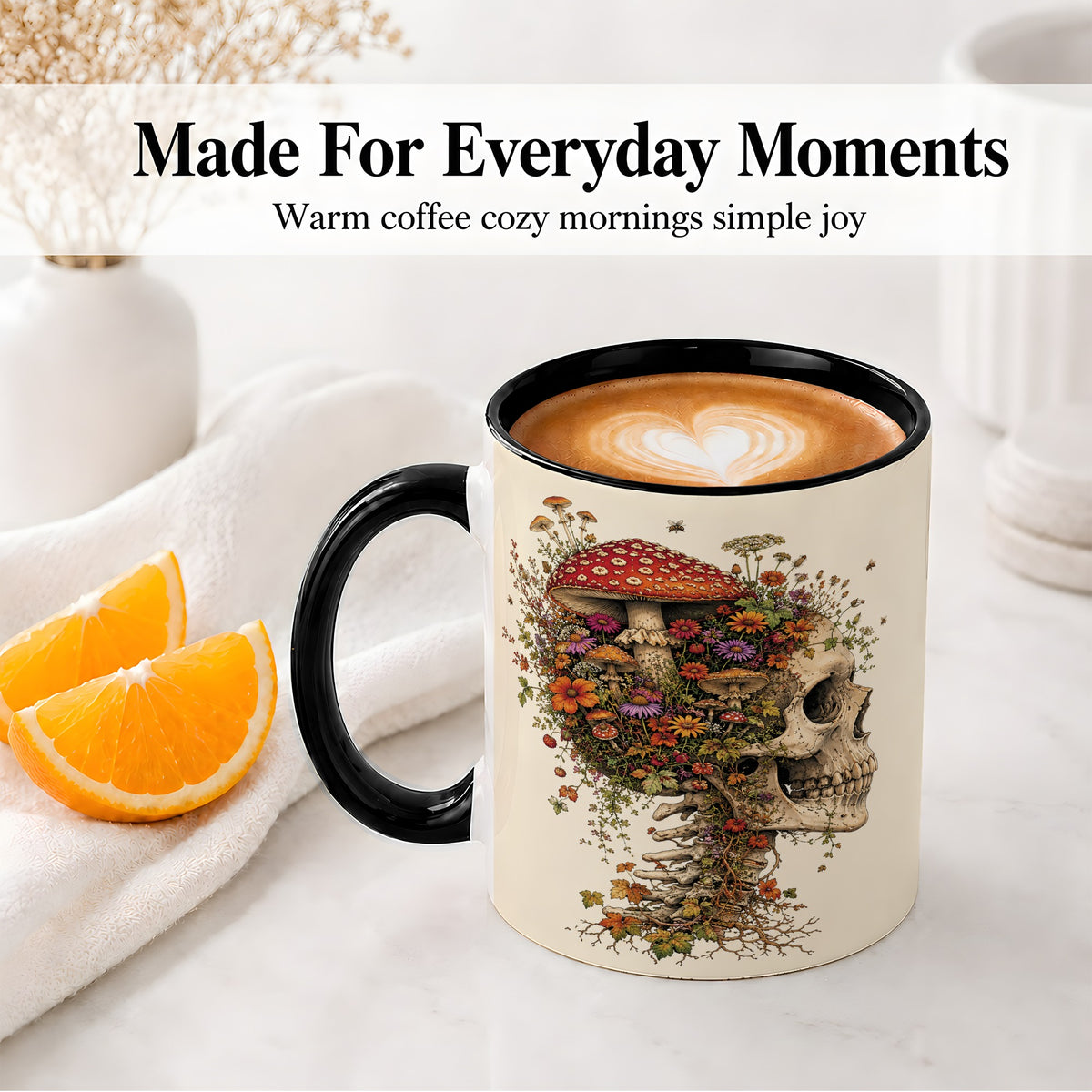 #pl[11oz|Black] Mushroom Skull Ceramic Mug, Botanical Wildflower Autumn Artwork