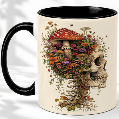 #pl[11oz|Black] Mushroom Skull Ceramic Mug, Botanical Wildflower Autumn Artwork