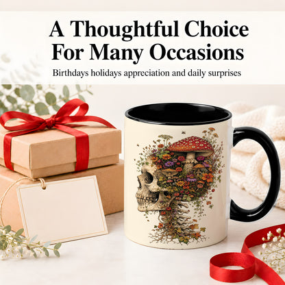 #pl[11oz|Black] Mushroom Skull Ceramic Mug, Botanical Wildflower Autumn Artwork