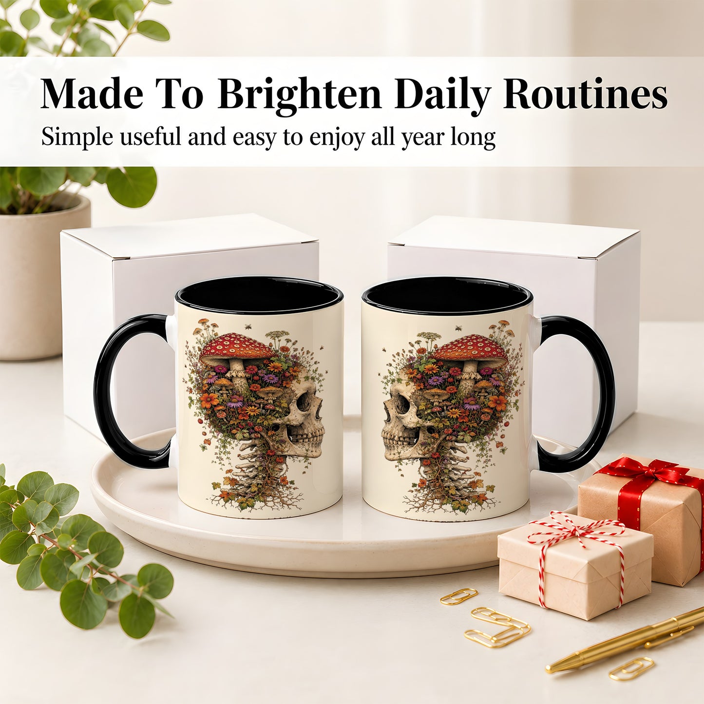 #pl[11oz|Black] Mushroom Skull Ceramic Mug, Botanical Wildflower Autumn Artwork
