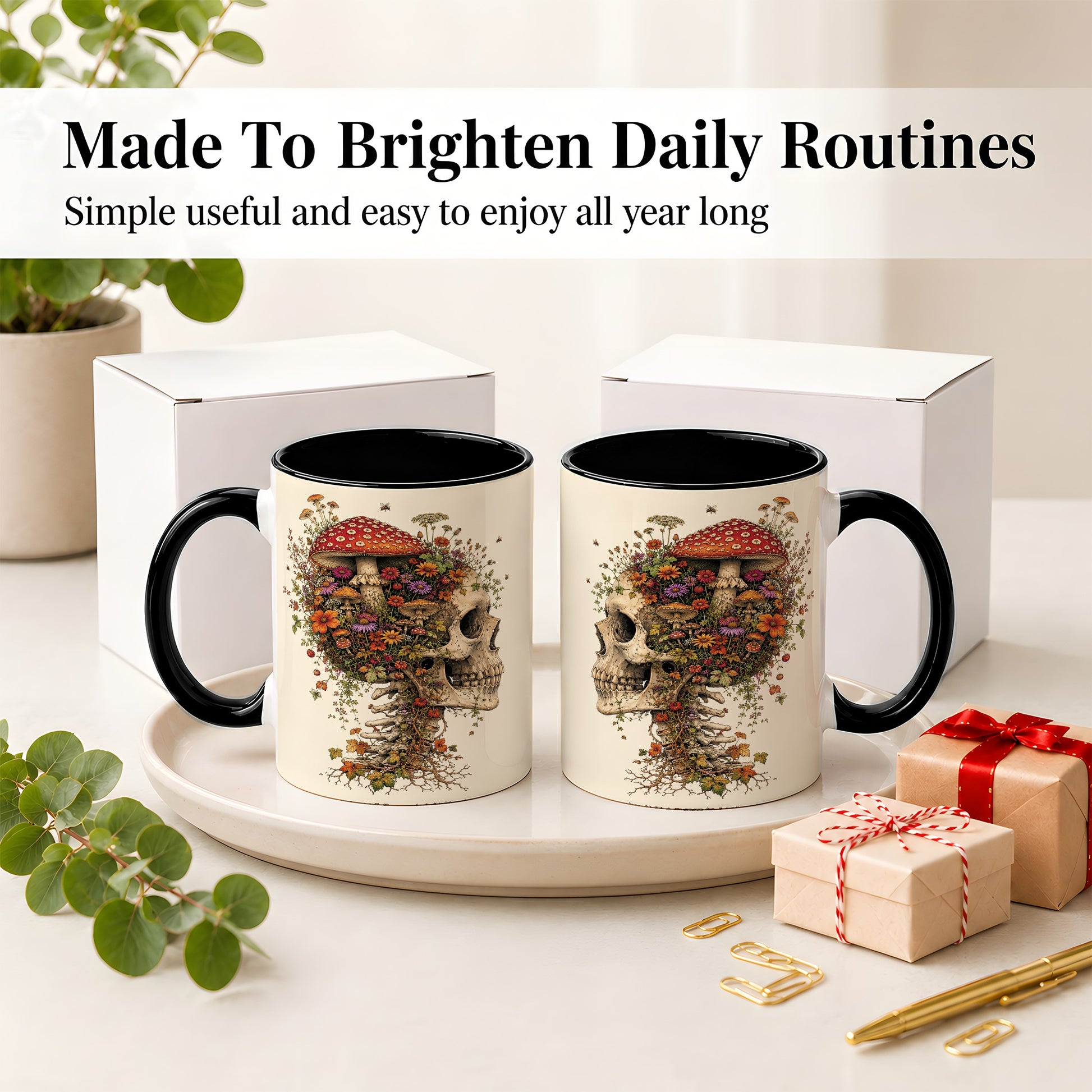 #pl[11oz|Black] Mushroom Skull Ceramic Mug, Botanical Wildflower Autumn Artwork