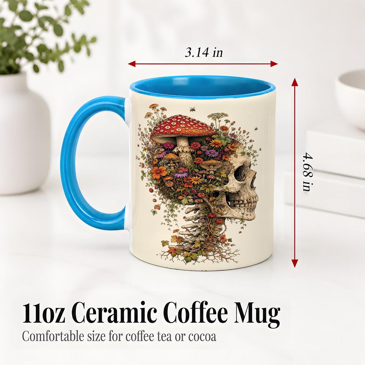 #pl[11oz|Blue] Mushroom Skull Ceramic Mug, Botanical Wildflower Autumn Artwork