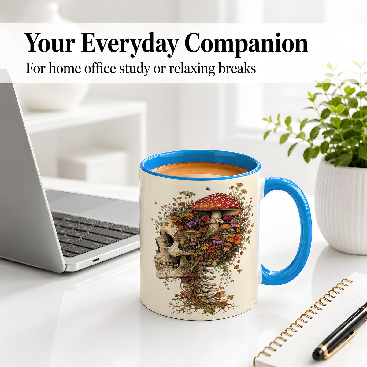 #pl[11oz|Blue] Mushroom Skull Ceramic Mug, Botanical Wildflower Autumn Artwork