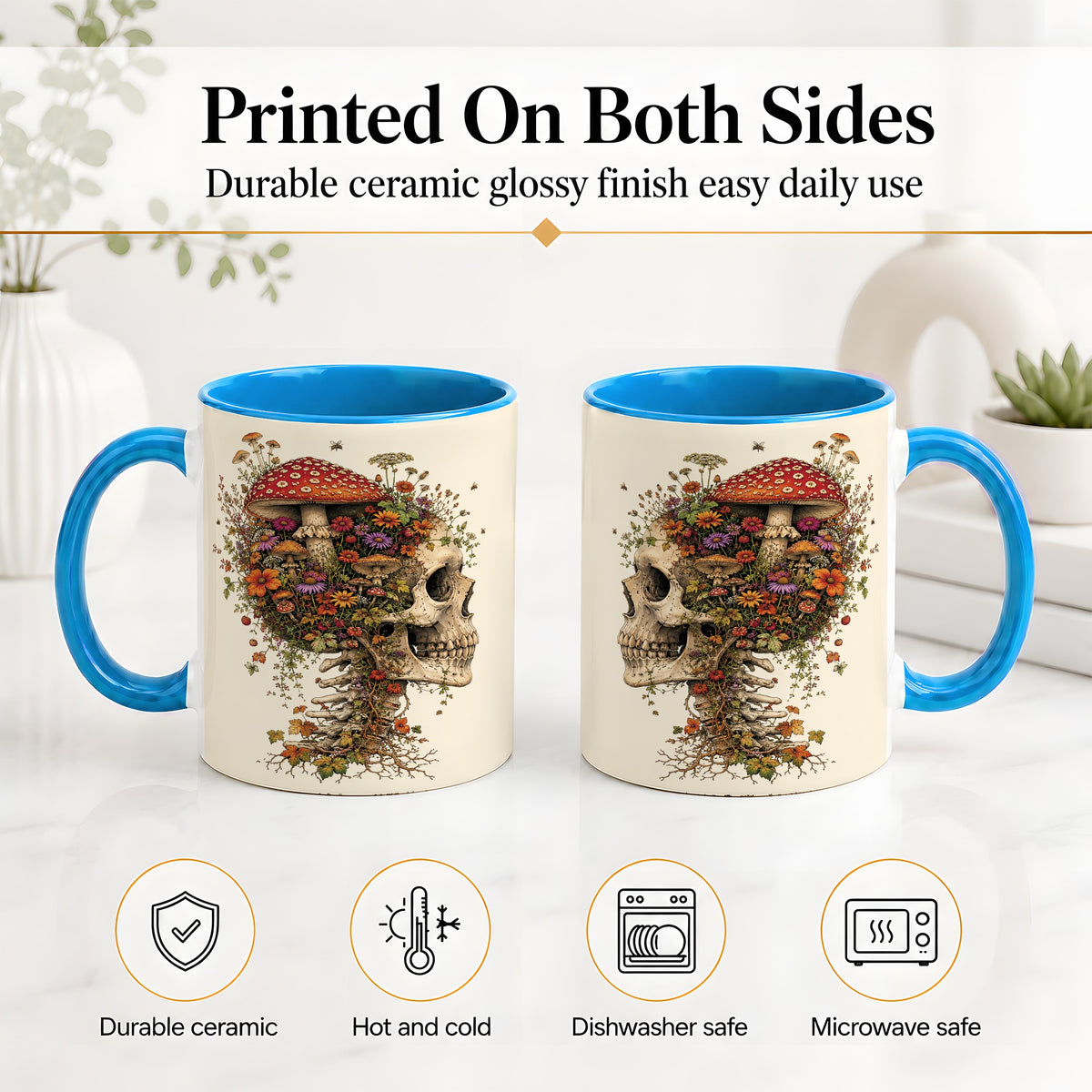 #pl[11oz|Blue] Mushroom Skull Ceramic Mug, Botanical Wildflower Autumn Artwork
