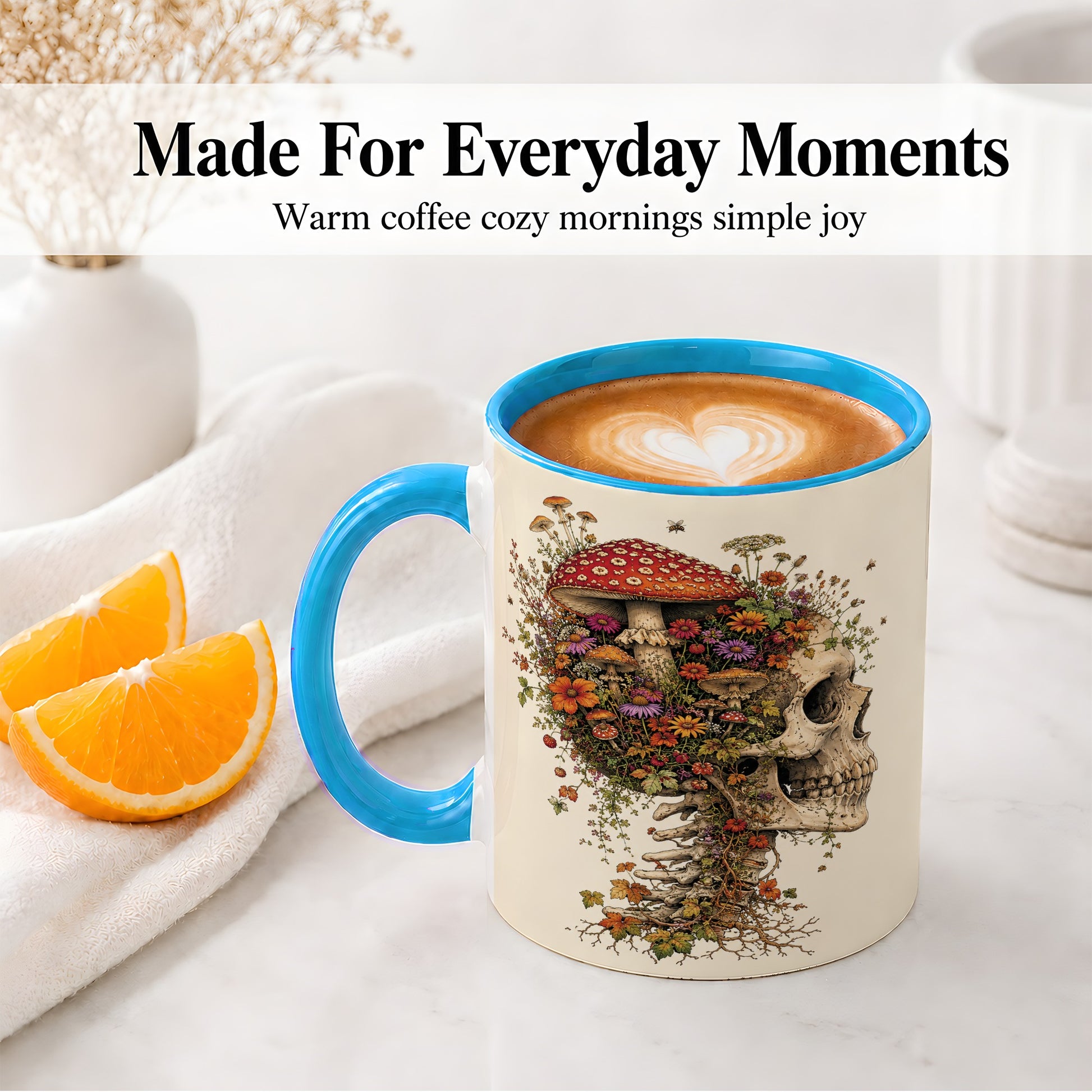 #pl[11oz|Blue] Mushroom Skull Ceramic Mug, Botanical Wildflower Autumn Artwork