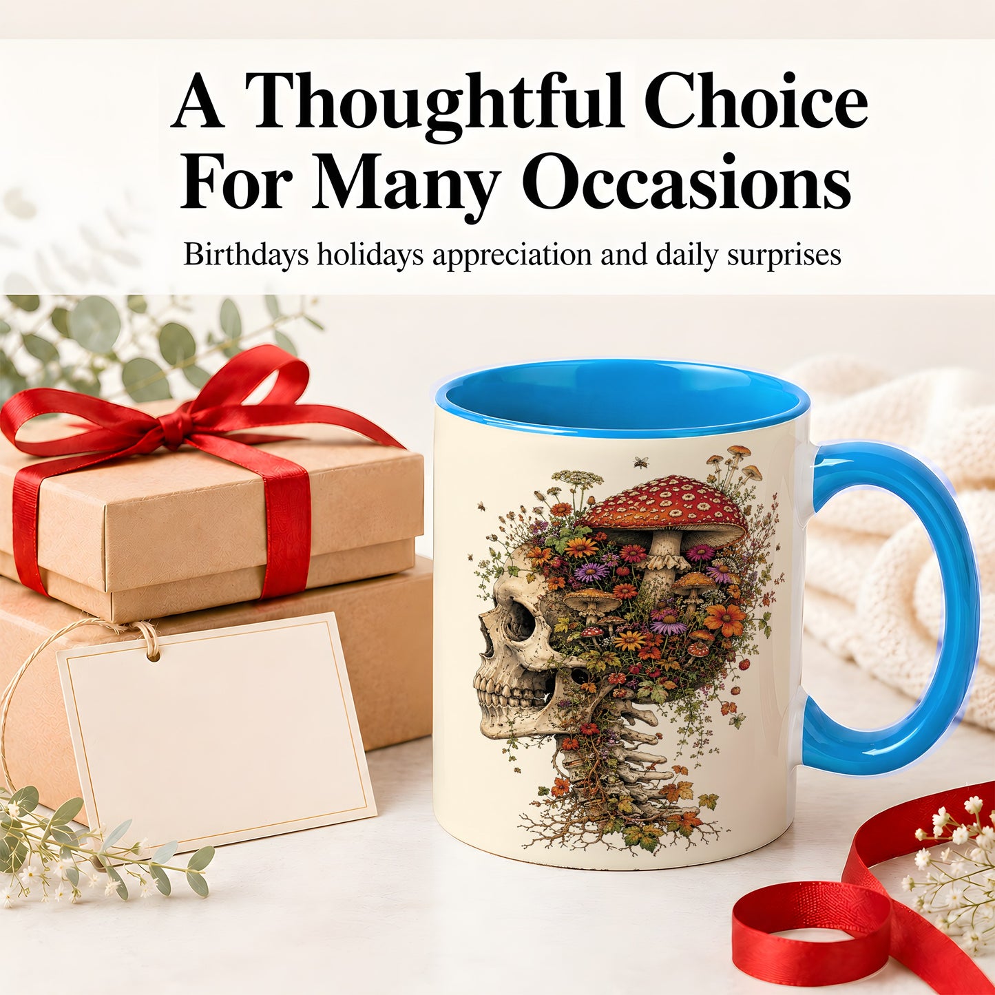#pl[11oz|Blue] Mushroom Skull Ceramic Mug, Botanical Wildflower Autumn Artwork