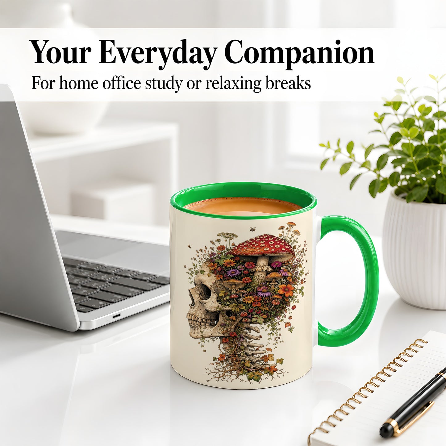 #pl[11oz|Green] Mushroom Skull Ceramic Mug, Botanical Wildflower Autumn Artwork