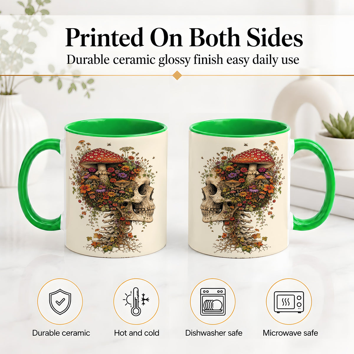 #pl[11oz|Green] Mushroom Skull Ceramic Mug, Botanical Wildflower Autumn Artwork