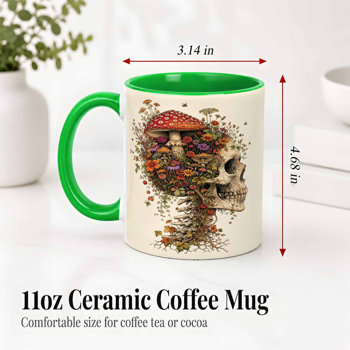 #pl[11oz|Green] Mushroom Skull Ceramic Mug, Botanical Wildflower Autumn Artwork