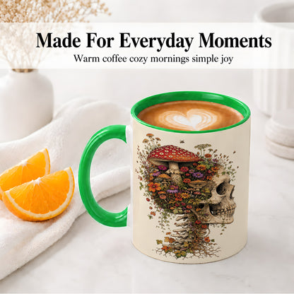 #pl[11oz|Green] Mushroom Skull Ceramic Mug, Botanical Wildflower Autumn Artwork