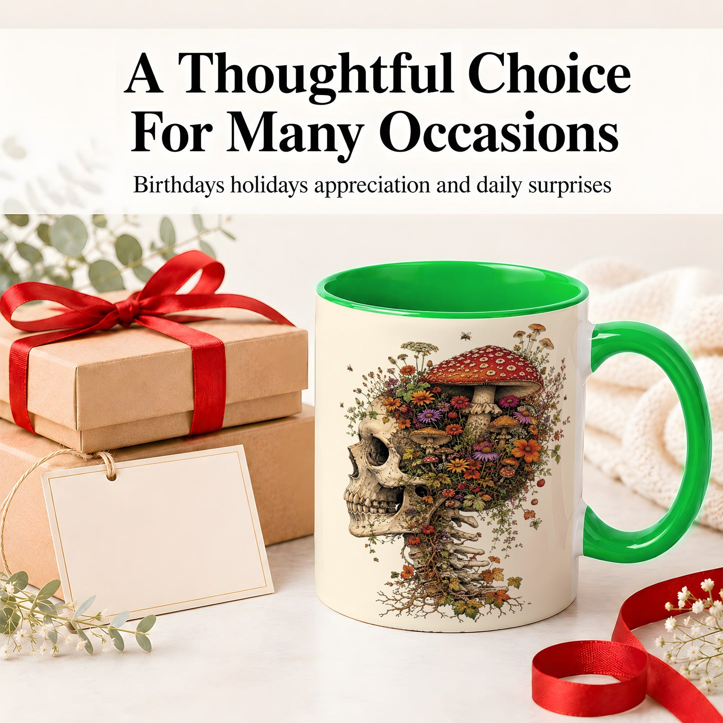 #pl[11oz|Green] Mushroom Skull Ceramic Mug, Botanical Wildflower Autumn Artwork