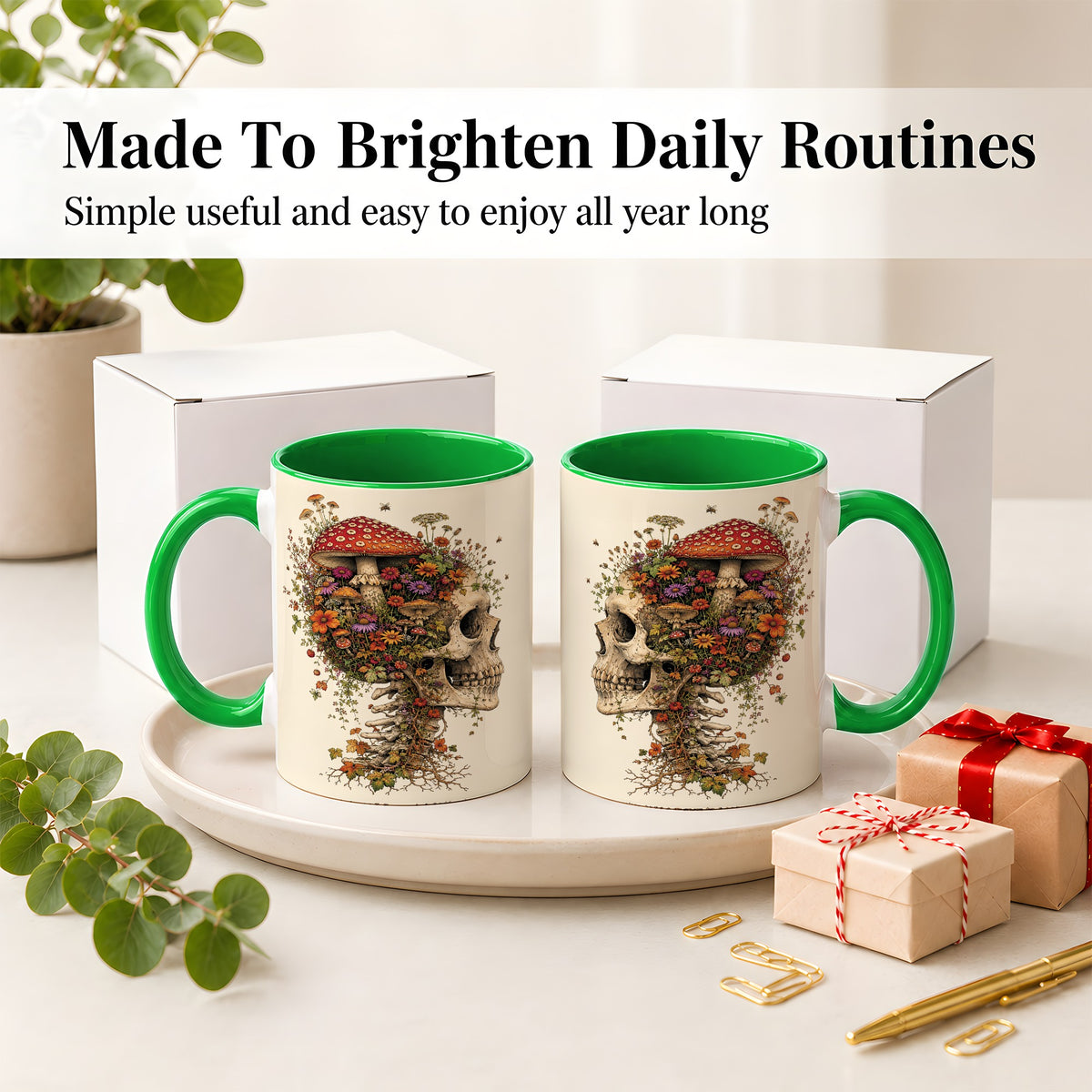 #pl[11oz|Green] Mushroom Skull Ceramic Mug, Botanical Wildflower Autumn Artwork