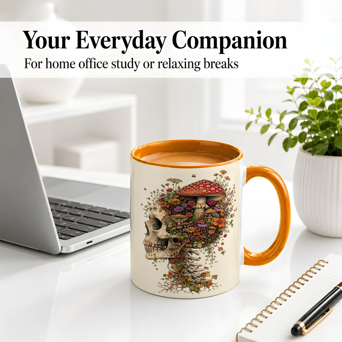 #pl[11oz|Orange] Mushroom Skull Ceramic Mug, Botanical Wildflower Autumn Artwork