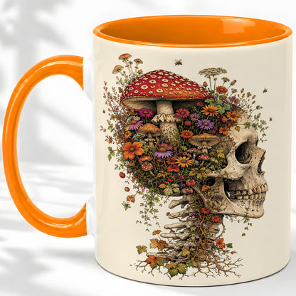 #pl[11oz|Orange] Mushroom Skull Ceramic Mug, Botanical Wildflower Autumn Artwork