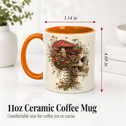 #pl[11oz|Orange] Mushroom Skull Ceramic Mug, Botanical Wildflower Autumn Artwork