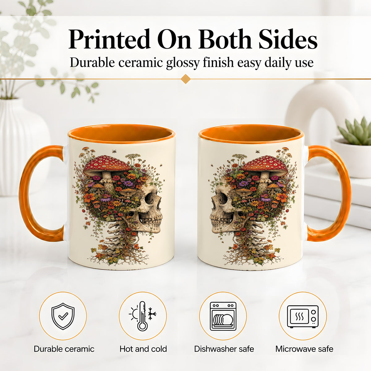 #pl[11oz|Orange] Mushroom Skull Ceramic Mug, Botanical Wildflower Autumn Artwork