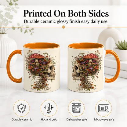 #pl[11oz|Orange] Mushroom Skull Ceramic Mug, Botanical Wildflower Autumn Artwork