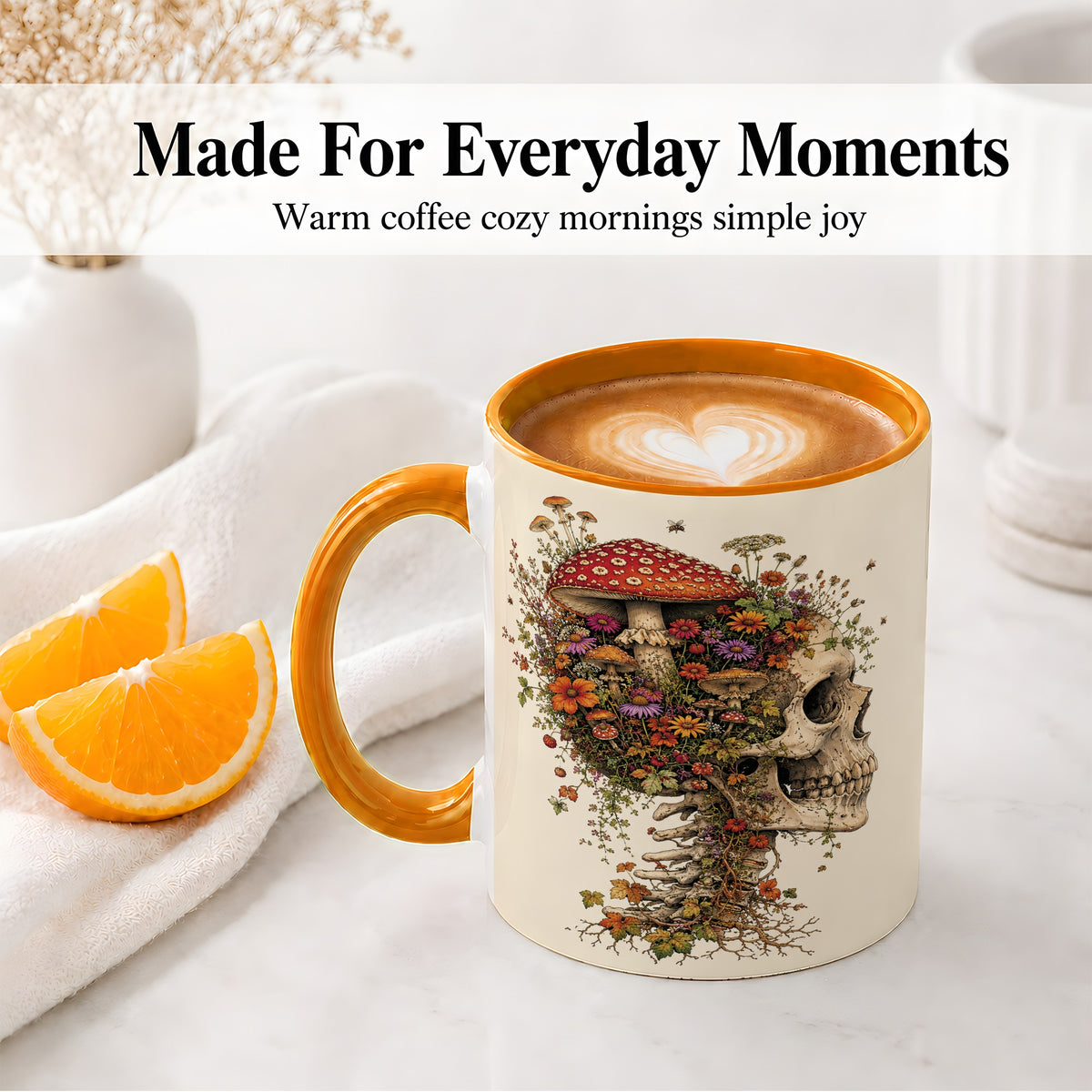 #pl[11oz|Orange] Mushroom Skull Ceramic Mug, Botanical Wildflower Autumn Artwork