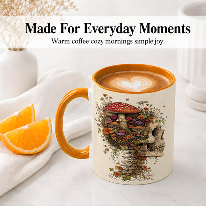 #pl[11oz|Orange] Mushroom Skull Ceramic Mug, Botanical Wildflower Autumn Artwork