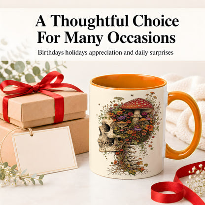 #pl[11oz|Orange] Mushroom Skull Ceramic Mug, Botanical Wildflower Autumn Artwork