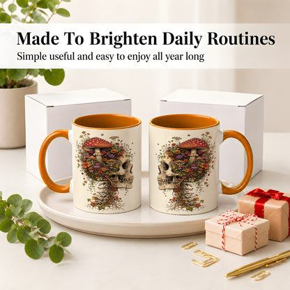 #pl[11oz|Orange] Mushroom Skull Ceramic Mug, Botanical Wildflower Autumn Artwork