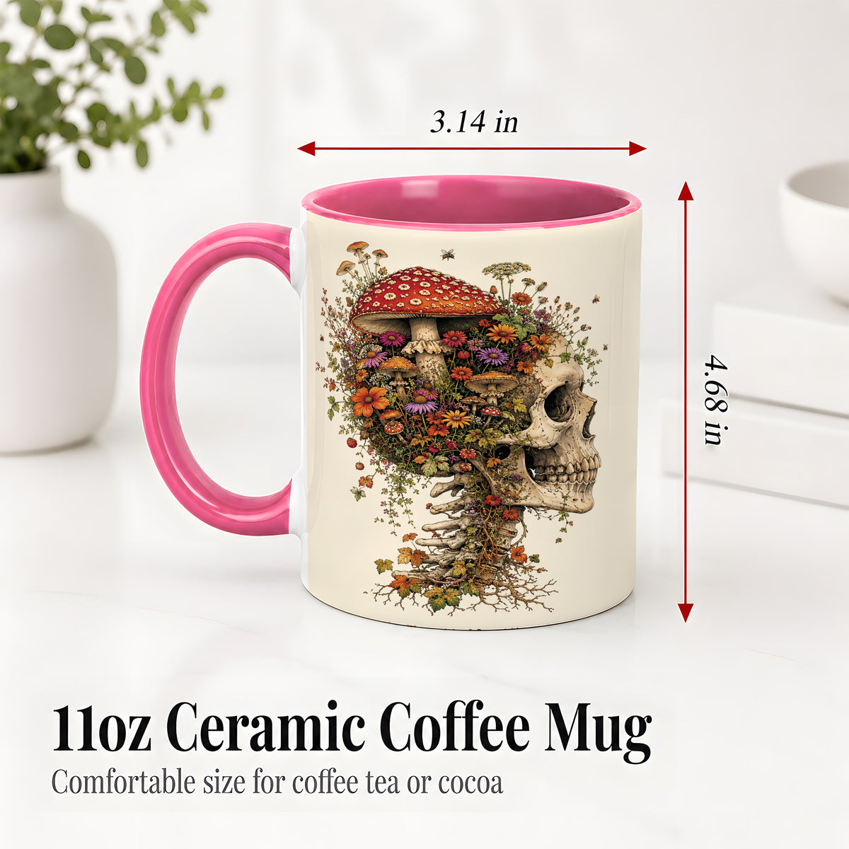 #pl[11oz|Pink] Mushroom Skull Ceramic Mug, Botanical Wildflower Autumn Artwork