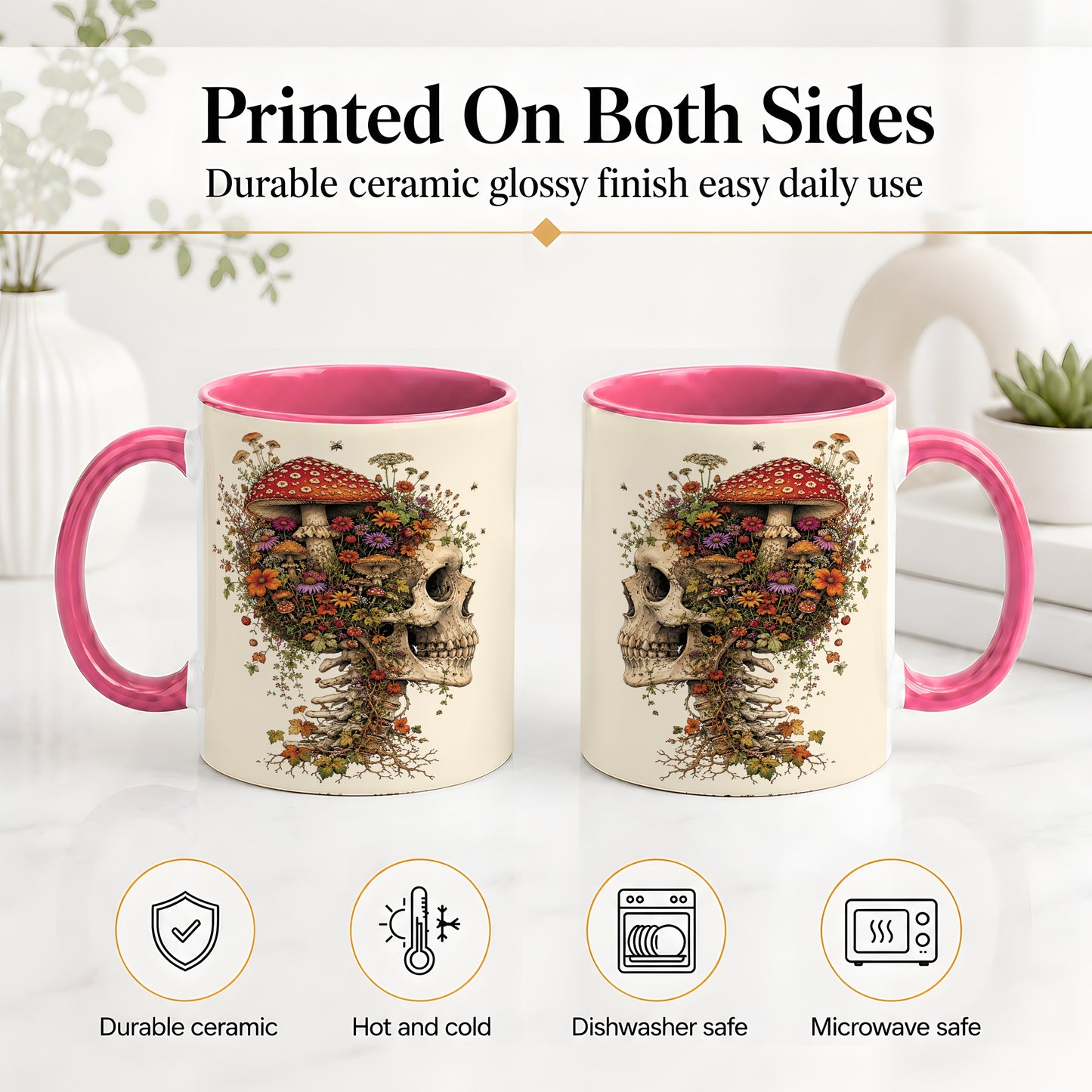 #pl[11oz|Pink] Mushroom Skull Ceramic Mug, Botanical Wildflower Autumn Artwork