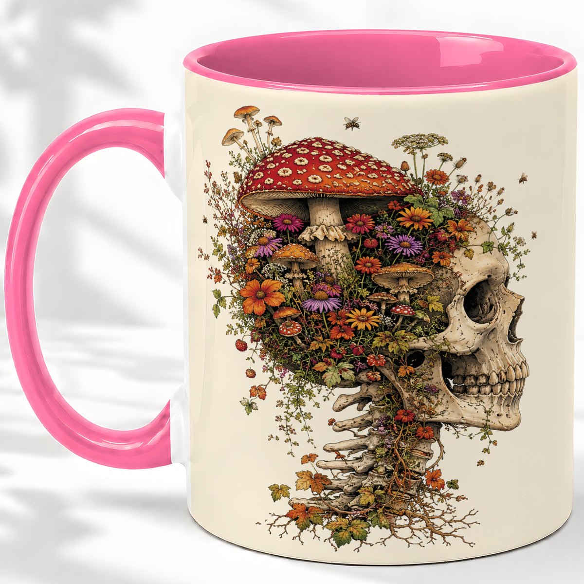 #pl[11oz|Pink] Mushroom Skull Ceramic Mug, Botanical Wildflower Autumn Artwork