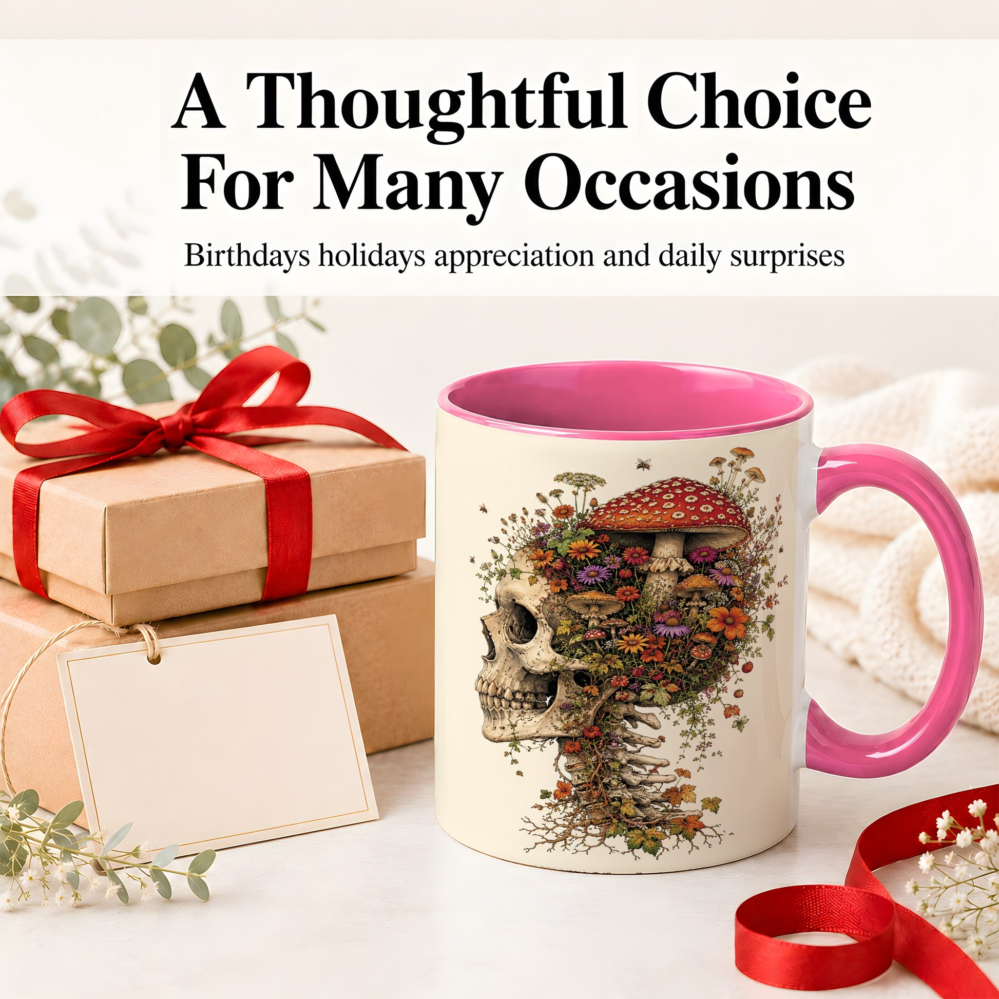 #pl[11oz|Pink] Mushroom Skull Ceramic Mug, Botanical Wildflower Autumn Artwork
