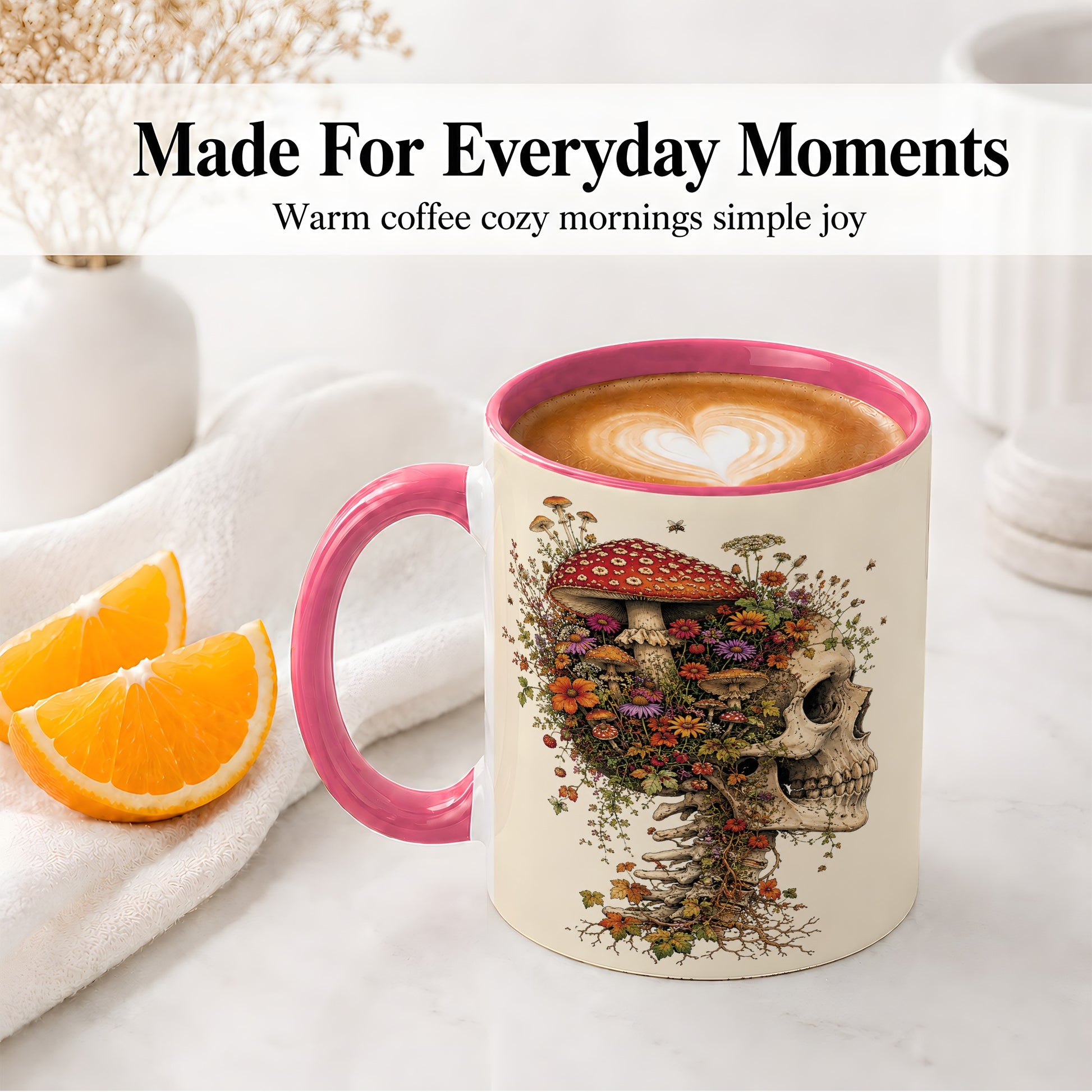#pl[11oz|Pink] Mushroom Skull Ceramic Mug, Botanical Wildflower Autumn Artwork