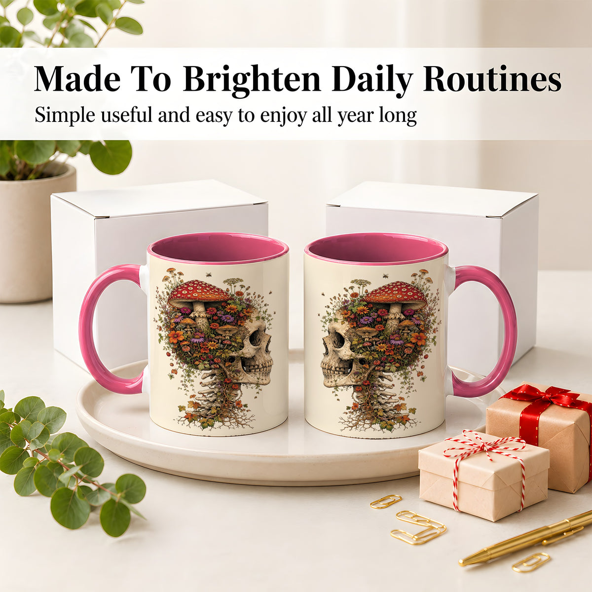 #pl[11oz|Pink] Mushroom Skull Ceramic Mug, Botanical Wildflower Autumn Artwork