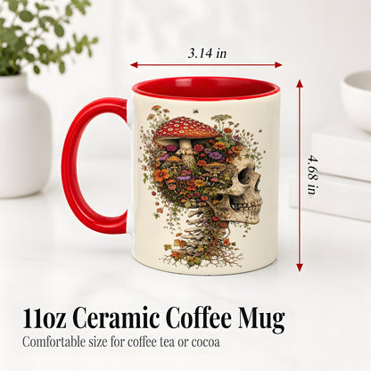 #pl[11oz|Red] Mushroom Skull Ceramic Mug, Botanical Wildflower Autumn Artwork